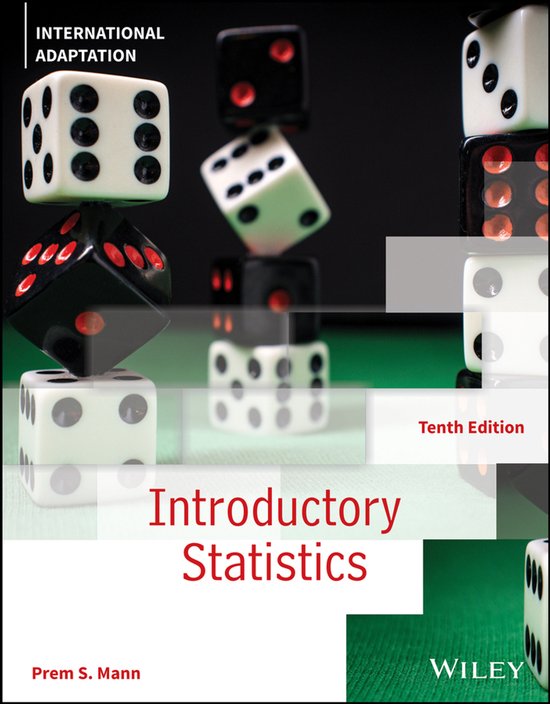 Introductory Statistics, Adaptation Internationale. Une pile de dés, certains blancs à points noirs, d'autres noirs à points rouges, sont empilés les uns sur les autres. La couverture affiche le titre "Introductory Statistics" et "Tenth Edition".