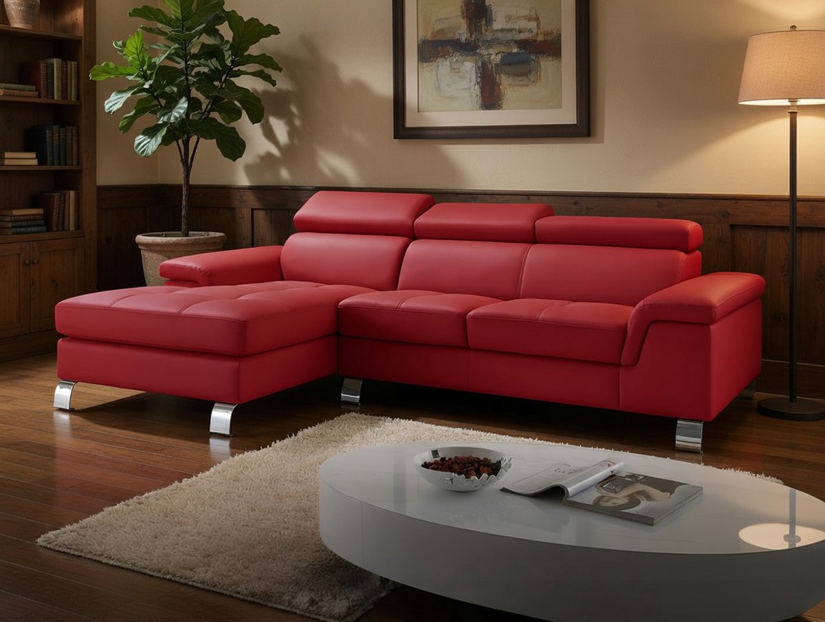 Hoekbank L-vorm Mishima – Echt Vaarsleer – 4-zits met 3 Verstelbare Hoofdsteunen – 260x167 cm – Links – Rood – Bellavero