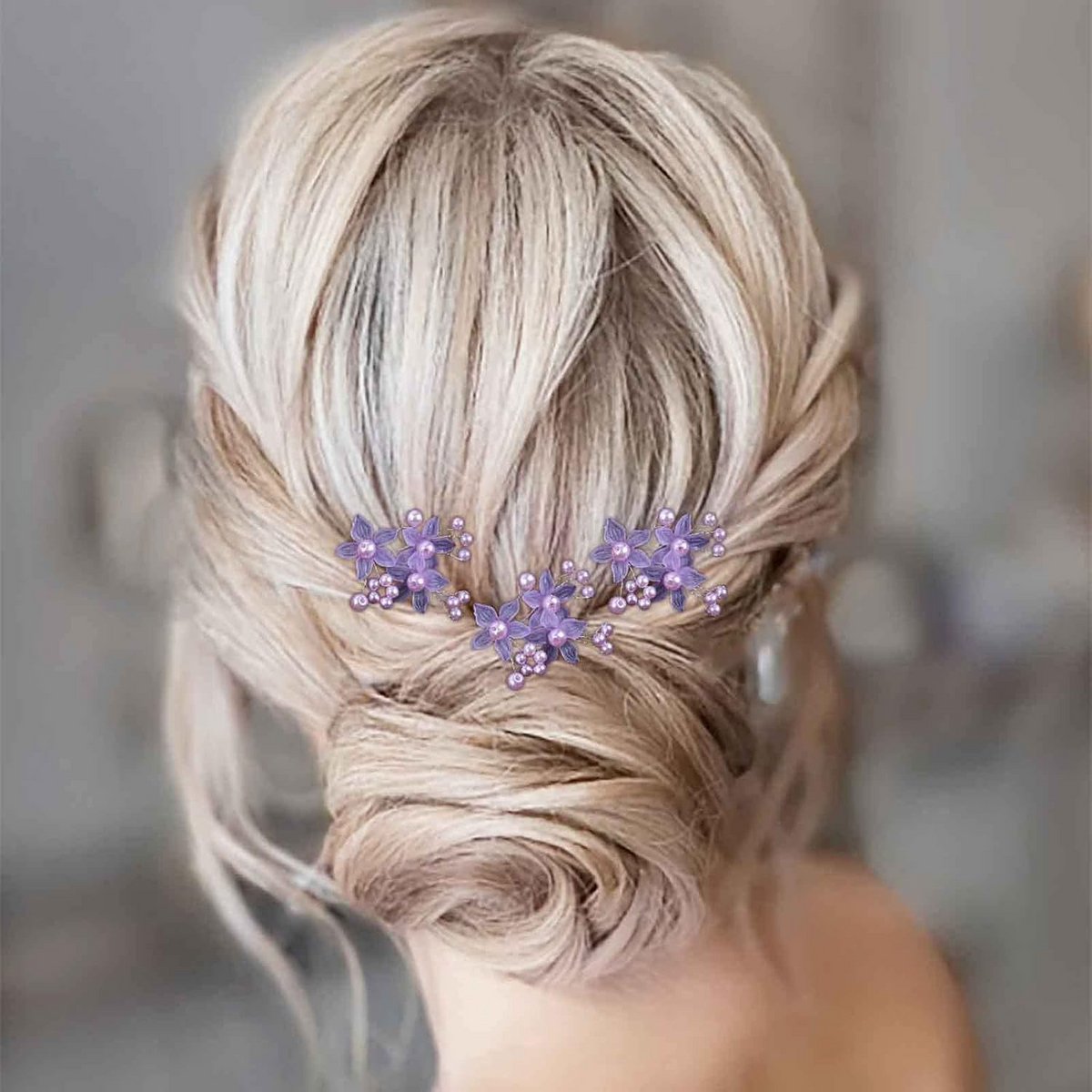 Set van 3 Paarse Bruidshaarspelden met Parels en Bloemendecoratie