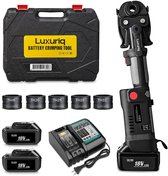 Luxuriq accu perstang set met koffer, zes persbekken (TH16-TH32), twee accu's en lader.