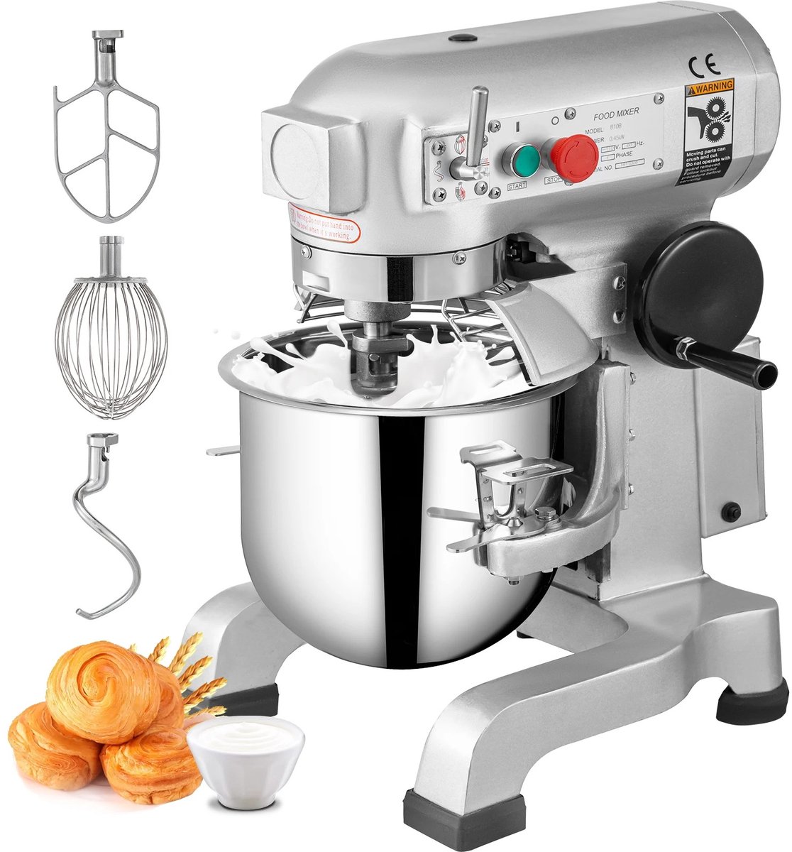Industriële Keukenmixer - Commerciële Standmixer - 15 Qt Roestvrijstalen Mengkom - 600W Krachtige Motor - 3 Instelbare Snelheden - Spiraaldeeghaak - Platte Klopper - Draadzweep - Veiligheidsschild - Bakkerij - Horeca