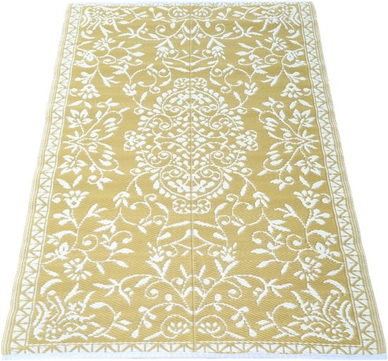 tapis de sol extérieur en plastique 120x180 cm jaune ocre fleur japonaise