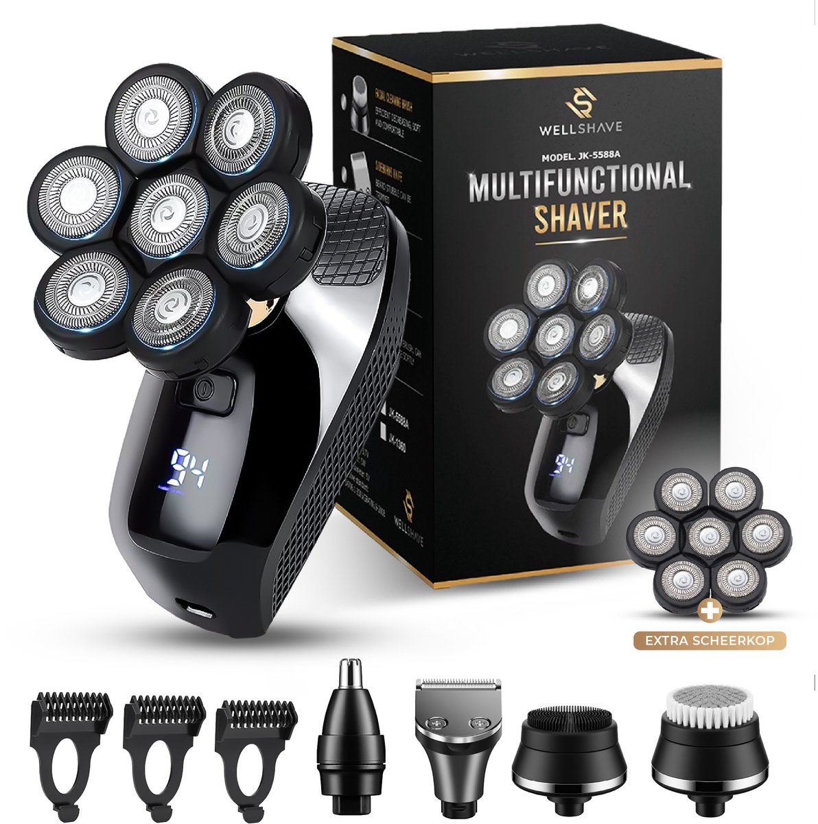 Bol.com Wellshave 5 in 1 Scheerapparaat Mannen + Extra Scheerkop - Gezicht en Hoofd Trimmer - Head Shaver - Nat & Droog Shaver -... aanbieding
