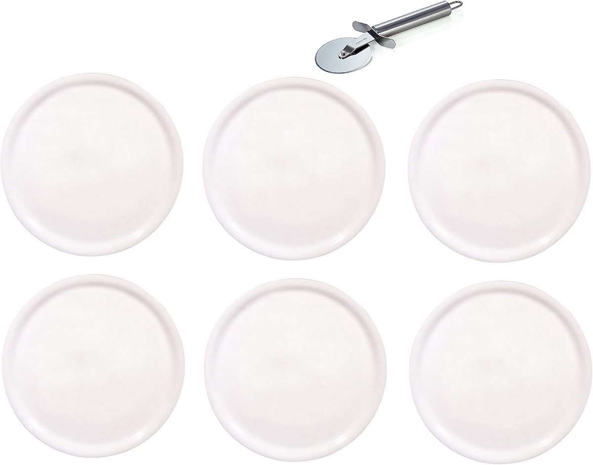 Set van 6 Witte Porseleinen Pizzaborden (Ø31 cm) Inclusief Pizzaroller
