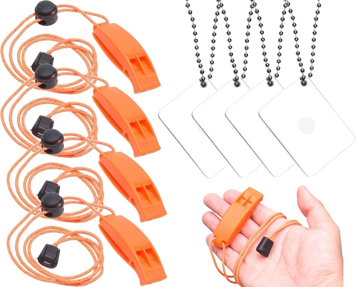Survival Set - 4x Noodfluitje met Reflecterende Lanyard & 4x Signaalspiegel - Lichtgewicht Noodset voor Wintersport, Kamperen, Hiking, Marine en Outdoor Activiteiten
