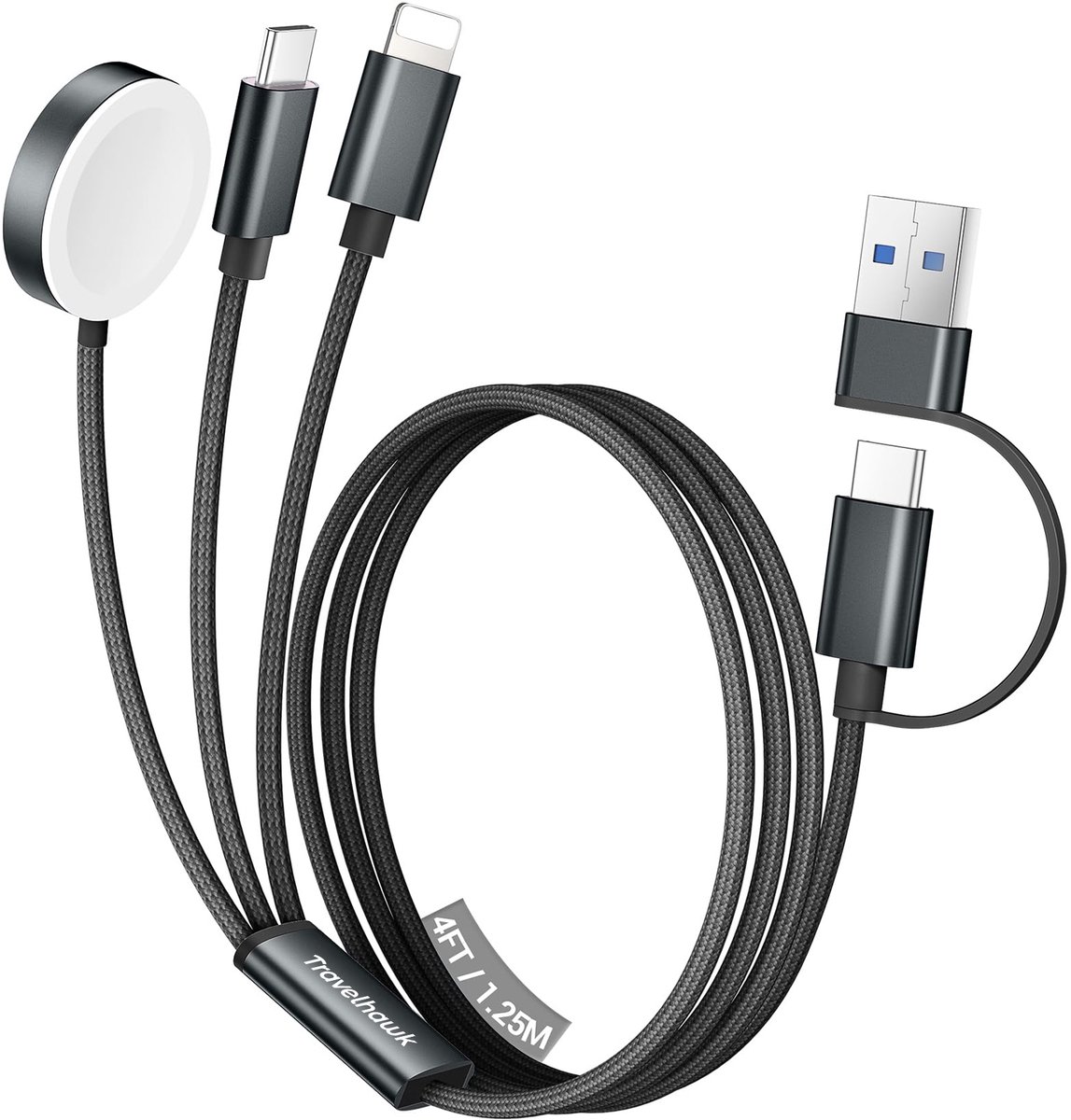 Travelhawk 3-in-1 Multi USB Kabel - USB-C, Lightning, Apple Watch Oplader - 120 W Snellader - Geschikt voor iPhone, Samsung, Xiaomi