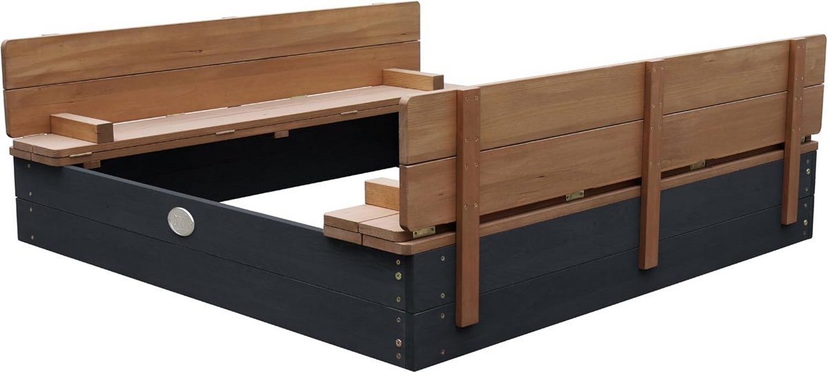 XL Zandbak van FSC Hout met Bankjes en Deksel | Kinderspeelgoed in Antraciet en Bruin 120x120 cm