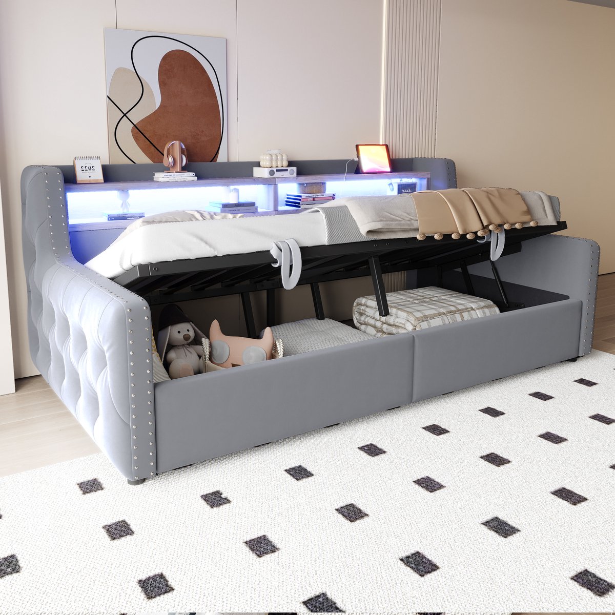 Wishdor Slaapbank 90x200 cm - Hydraulische opbergruimte, led & stopcontact - Fluweel - Lichtgrijs - Lichtgrijze luxe met verborgen opbergruimte
