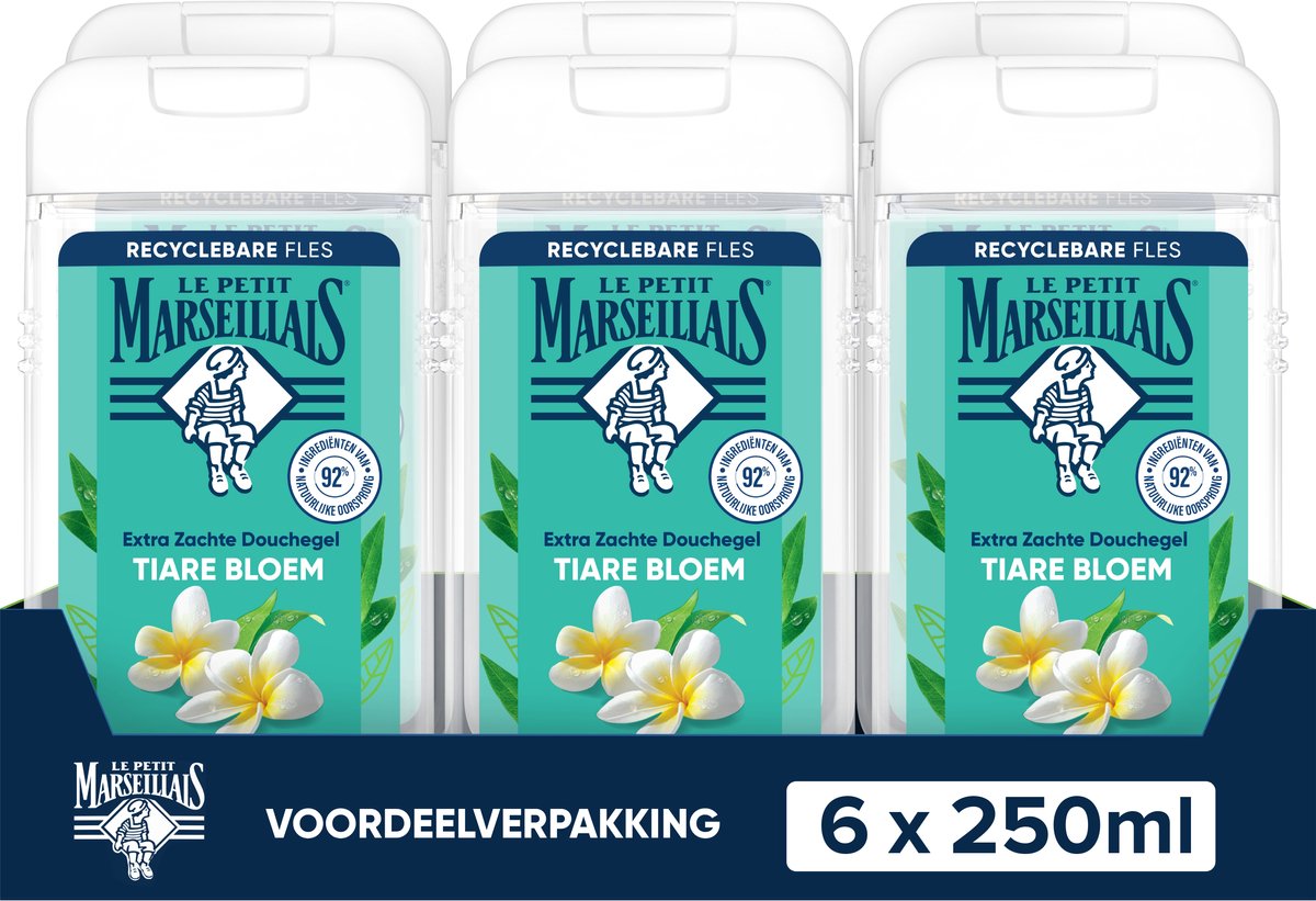 Le Petit Marseillais extra zachte douchegel bio Tiare bloem & Monoï, dermatologisch getest en pH-neutraal voor de huid, 6x250ml