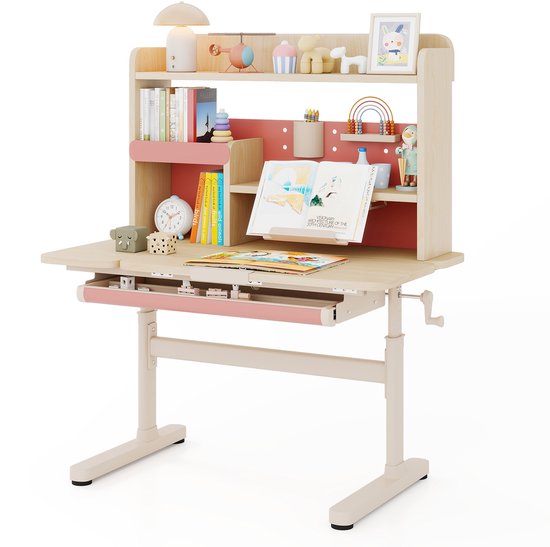COSTWAY Bureau voor kinderen, kinderbureau, 52-74 cm, in hoogte verstelbaar, met kantelbaar tafelblad, kindertafel met plank, lade en boekenstandaard, schoolbureau voor kinderen vanaf 3 jaar (roze)