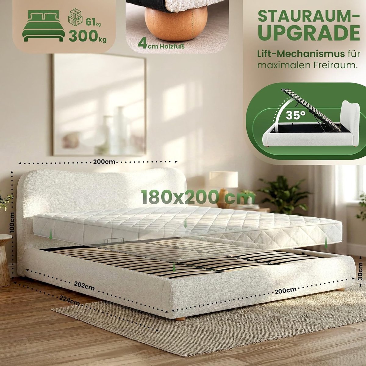 Gestoffeerd Opbergbed 180x200 cm met Liftmechanisme en Lattenbodem – Tweepersoonsbed met Grote Opbergruimte, Teddy Stof, Hoog Hoofdbord, Modern Bedframe 224 x 200 x 100 cm – Crème – Abkantoor