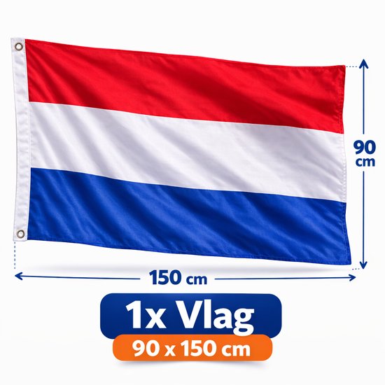 Nederlandse vlag van 90 x 150 cm met horizontale banen rood, wit en blauw.