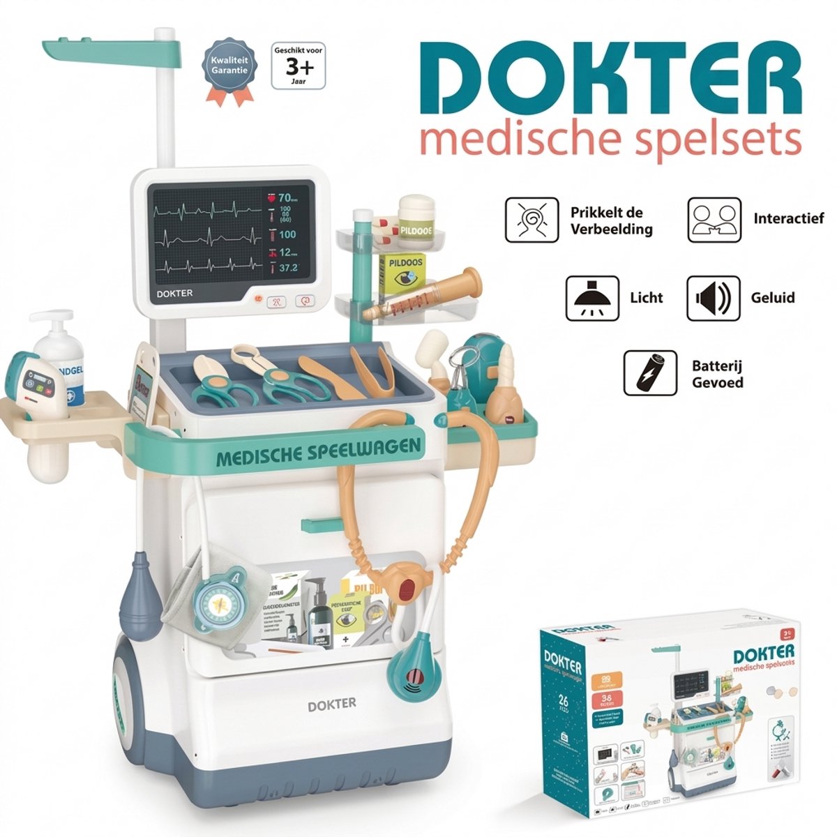 Dokter Speelset Kinderen – 26 Delige Dokterskoffer met Trolley – Medisch Speelgoed met Licht en Geluid – Rollenspel Speelgoed vanaf 3 Jaar