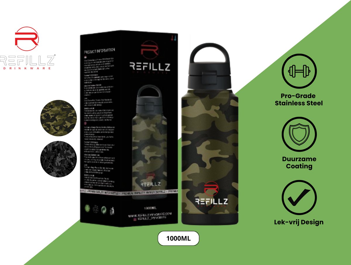Refillz Drinkware® - (NEW) Camou Bottle Urban Green&Black - Dubbelwandige Thermo Drinkfles 1000ML - Waterfles - RVS Bidon - Click & Lock Lid Pro - 24u koud / 12u warm - Lekvrij Design - BPA Vrij