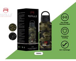 Refillz Drinkware® - (NEW) Camou Bottle Urban Green&Black - Dubbelwandige Thermo Drinkfles 1000ML - Waterfles - RVS Bidon - Click & Lock Lid Pro - 24u koud / 12u warm - Lekvrij Design - BPA Vrij