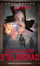 Boekomslag van 'Escape! - De Slag om Stalingrad' met een gebroken glas-effect en op de voorgrond een meisje, op de achtergrond soldaten en brandende gebouwen.