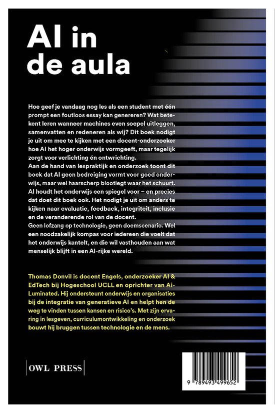 Achterkant boek "Al in de aula" met tekst over Al in het hoger onderwijs, auteur Thomas Donvil, uitgever OWL PRESS en ISBN.