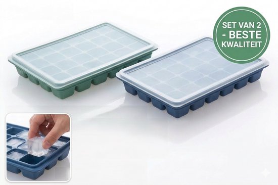Foto: Siliconen ijsblokjesvormen set 2 stuks lukardie 56 blokjes deksel blauw groen bpa vrij lekvrij