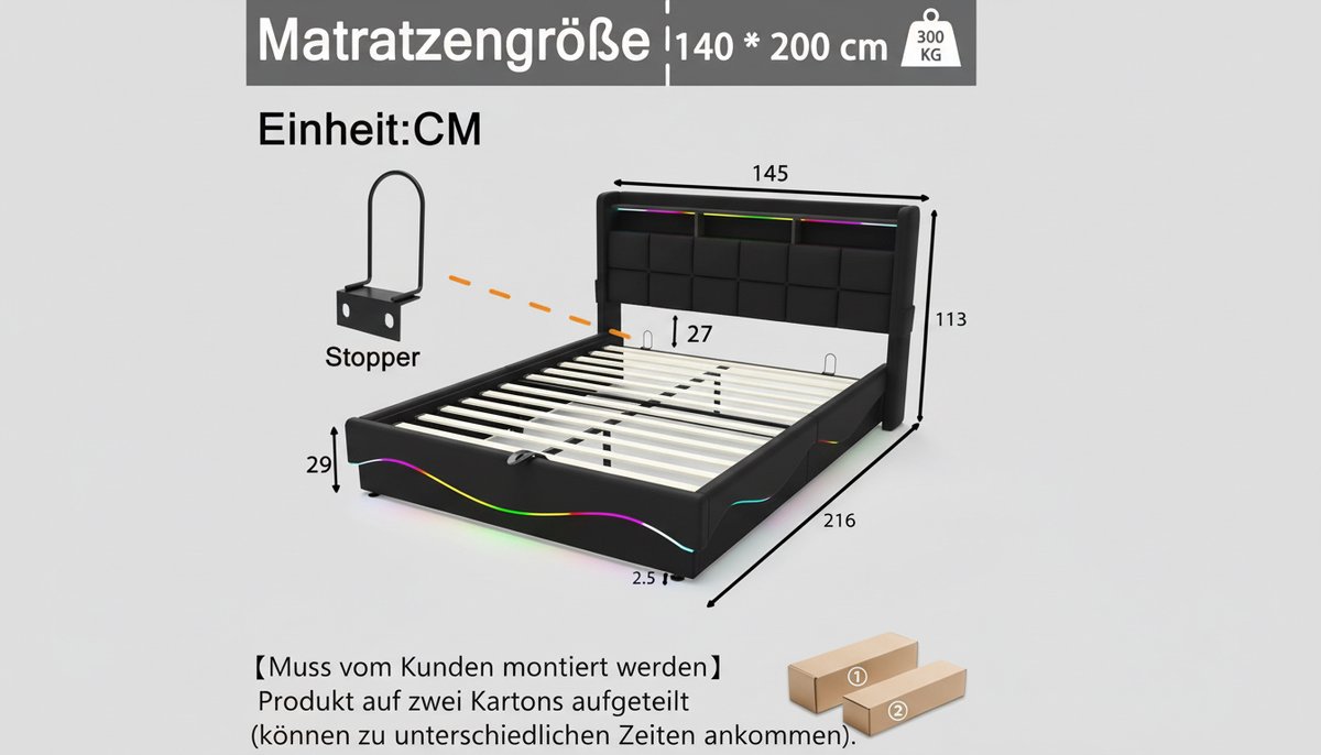 Gestoffeerd Opbergbed 140x200 cm – Casa Velluto Luxe LED Bed met USB/Type-C Oplaadstation, Hoofdeinde Plank & Hydraulische Grote Opbergruimte Onder het Bed – Modern Houten Design, Zwart