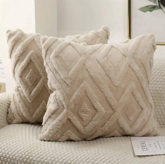 Housses de Coussin en Peluche Luxe - Ensemble de 2 - Beige - 45x45 cm - Motif à Carreaux Moderne - Comprenant des Sachets Parfumés Gratuits - Housses de Coussin Décoratives Douces pour Salon & Chambre à Coucher