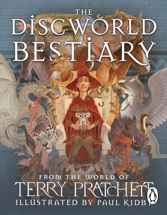 Boekomslag van The Discworld Bestiary met een man in tovenaarspak omringd door mythische wezens.
