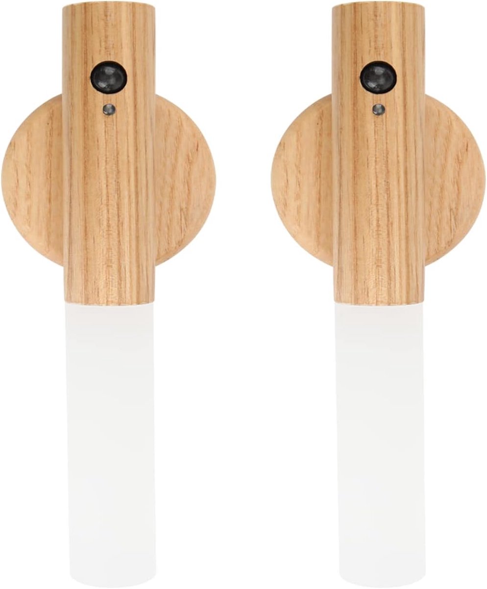 Set van 2 Magnetische Oplaadbare Houten Wandlampen met Bewegingssensor voor Binnen