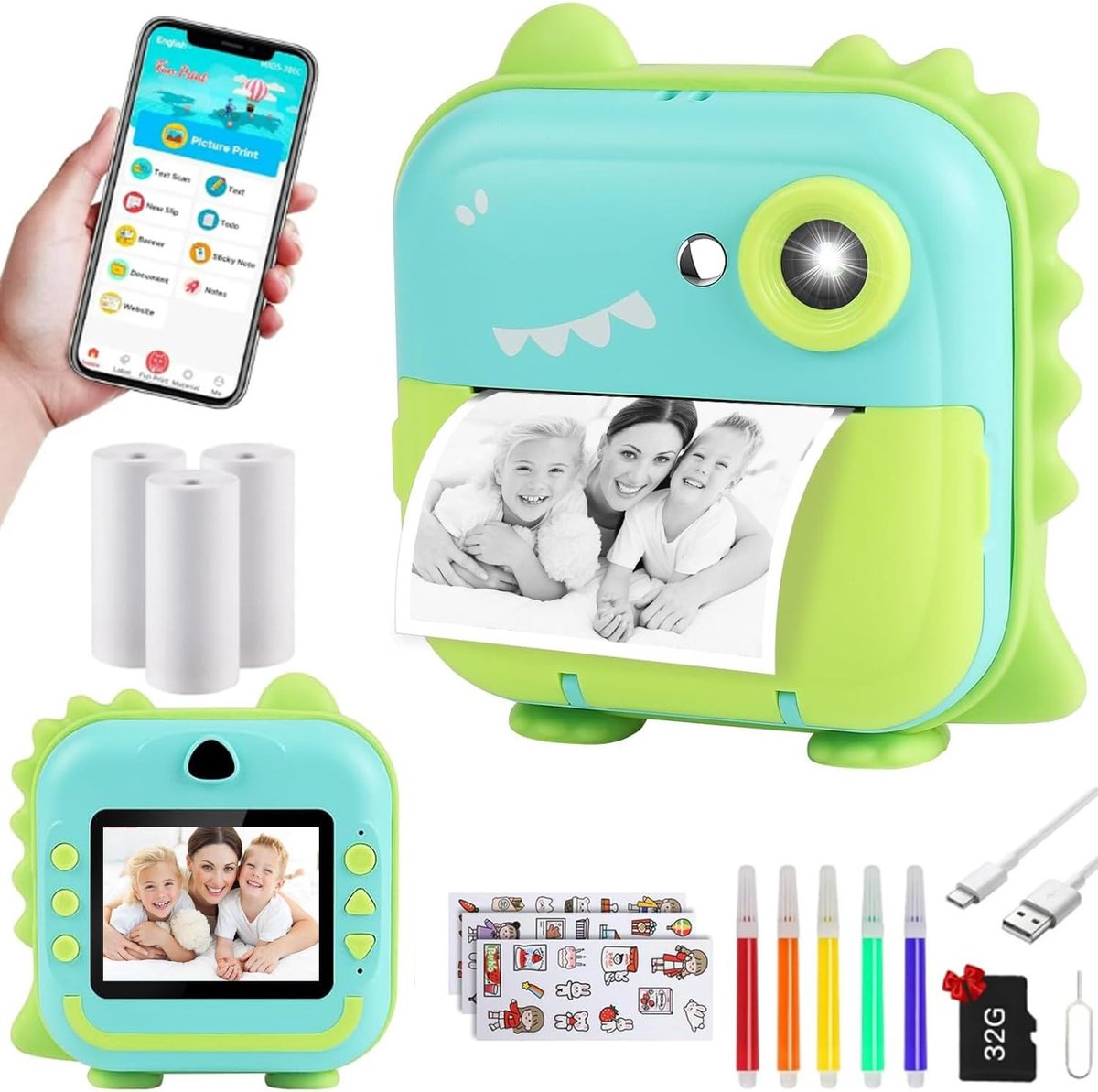 Digitale Kindercamera met Instant Foto Printer en 32GB Geheugenkaart