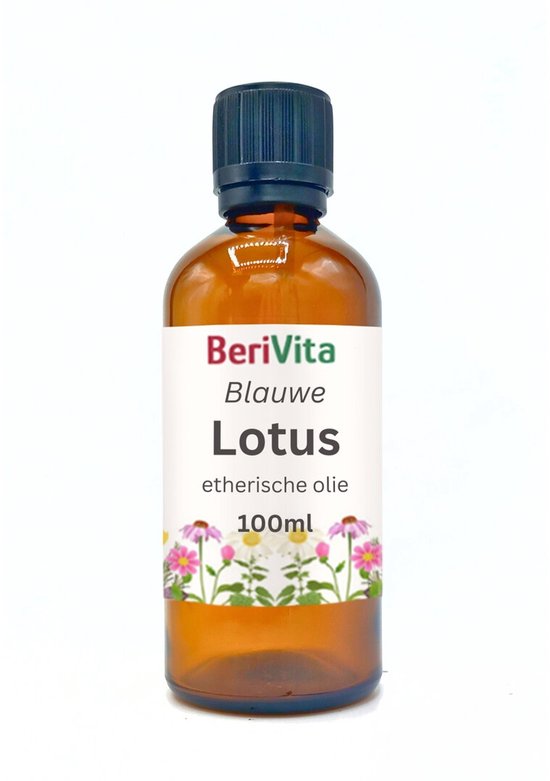 Berivita Blauwe Lotus etherische olie 100ml in bruine fles met bloemenillustratie.