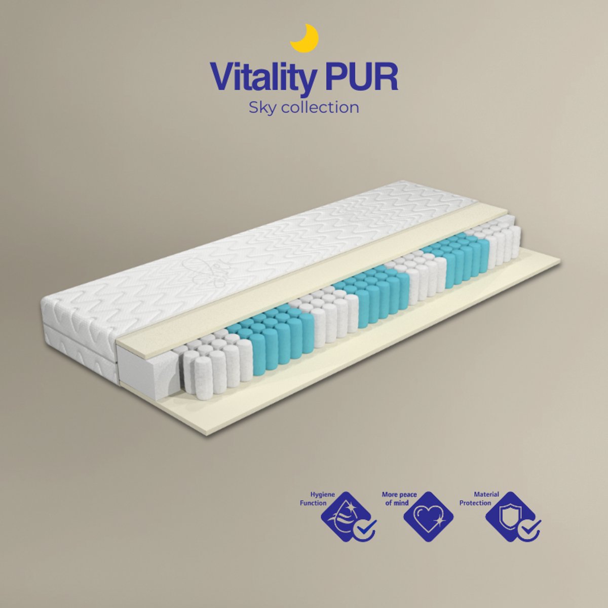 Vitality Pur Sky Comfort Matras – 100x200 cm - 7-Zone Pocketvering Matras – Medium Stevig – Ergonomisch & Wasbare Hoes – 18 cm Hoog