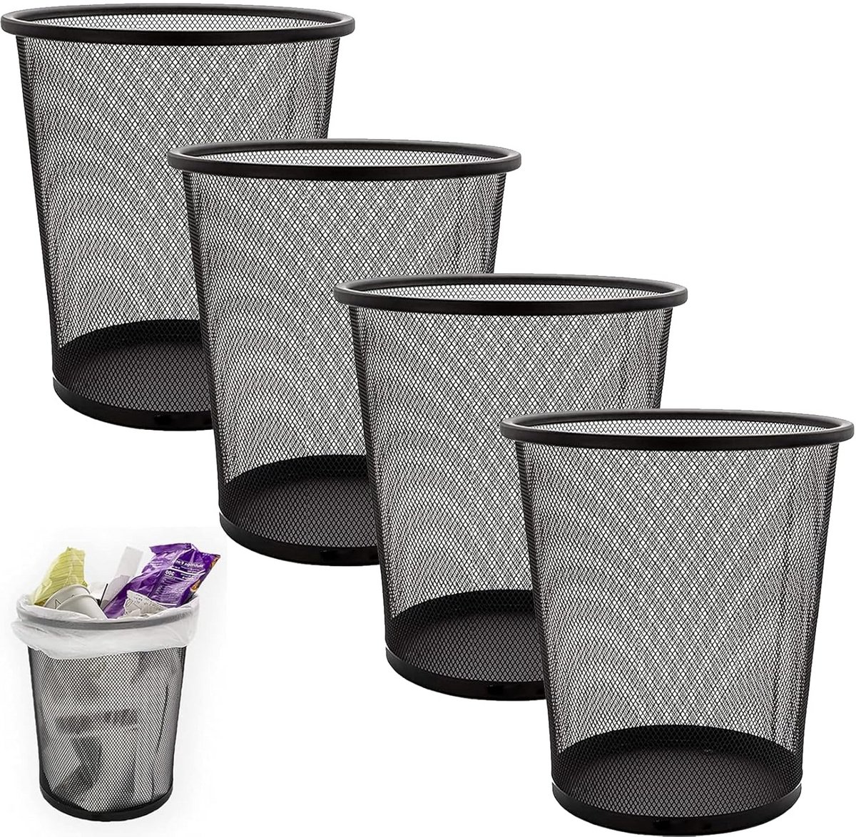 Set van 4 Kleine Metalen Prullenbakken - 12 Liter - Ideaal voor Kantoor, Slaapkamer en Badkamer