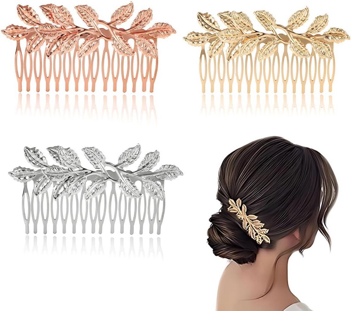 Set van 3 Elegante Gouden Blad Haaraccessoires: Haarspeld & Kam voor Dameskapsels
