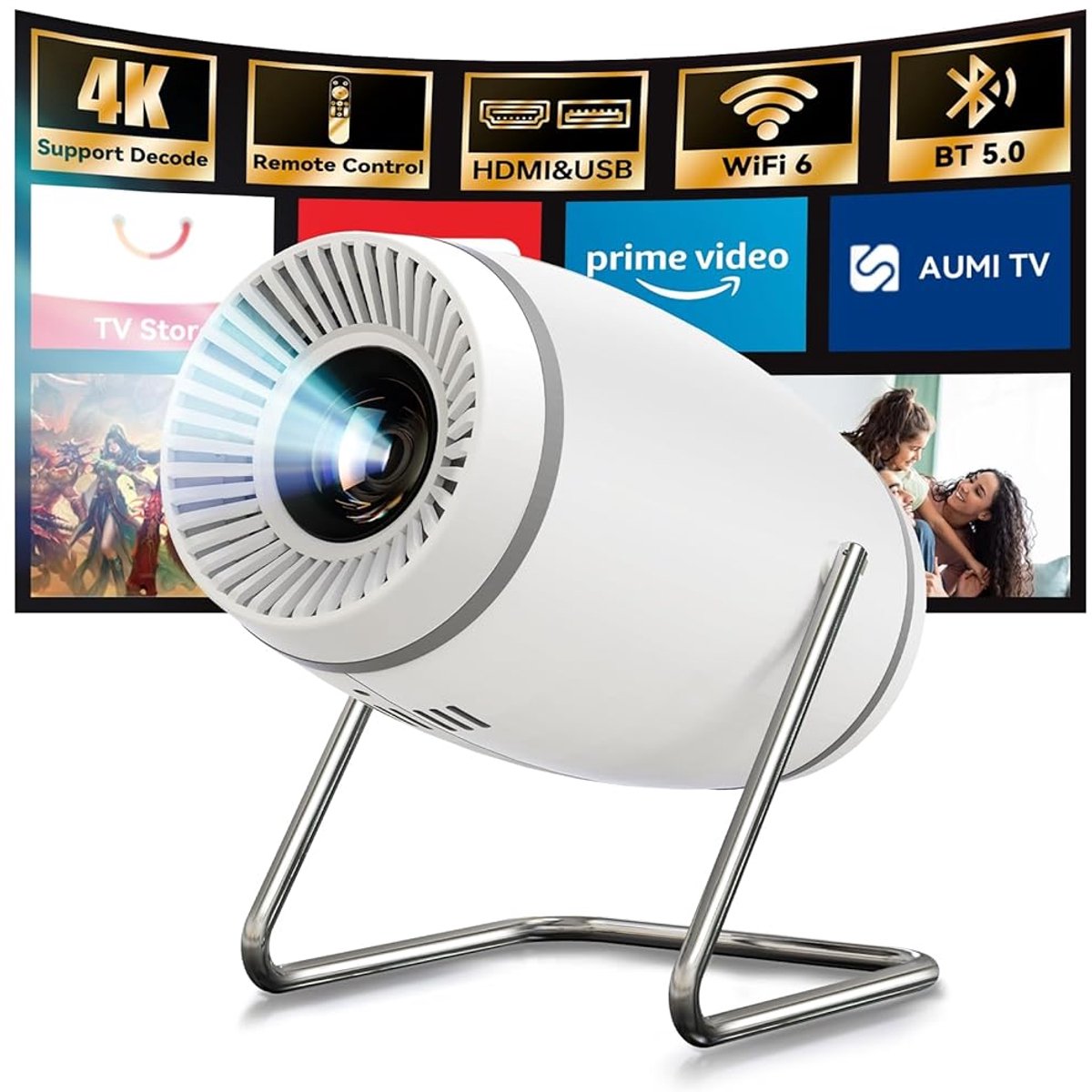 kotsren P2 - Mini Beamer Projector - WiFi 6 & Bluetooth 5.3 - 4K - 180° draaibaar - Draagbare Home Cinema, Outdoor - Wit