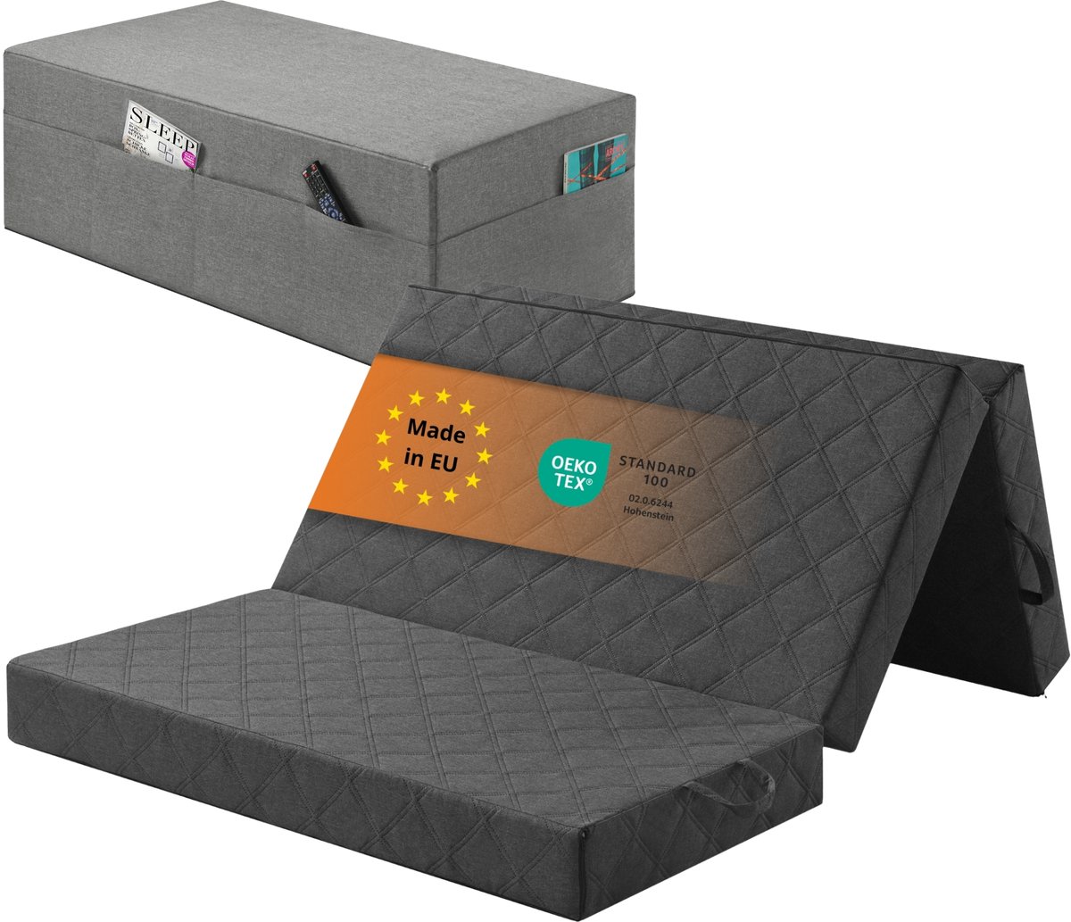 sleepling opvouwbaar matras 2 persoons - 3-delige vouwmatras 120x195 cm - hardheidsgraad 2,5 - matras met comfortschuim en visco-elastisch schuim - als logeermatras opvouwbaar of zitpoef incl. hoes - Made in EU - 120 x 195 x 15 cm - donkergrijs