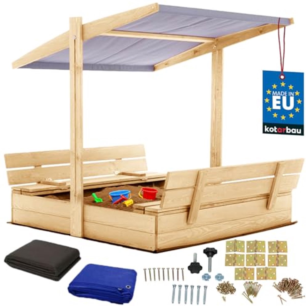 KOTARBAU® Houten Zandbak, 120 x 120 cm, Natuurlijk, Zandbak met Bankjes, met Grijs Dak, en Grondzeil, voor Tuin, Buitenspeelgoed