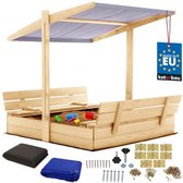 KOTARBAU® Houten Zandbak - 120 x 120 cm - Natuurlijk - Zandbak met Bankjes - met Grijs Dak - en Grondzeil - voor Tuin - Buitenspeelgoed