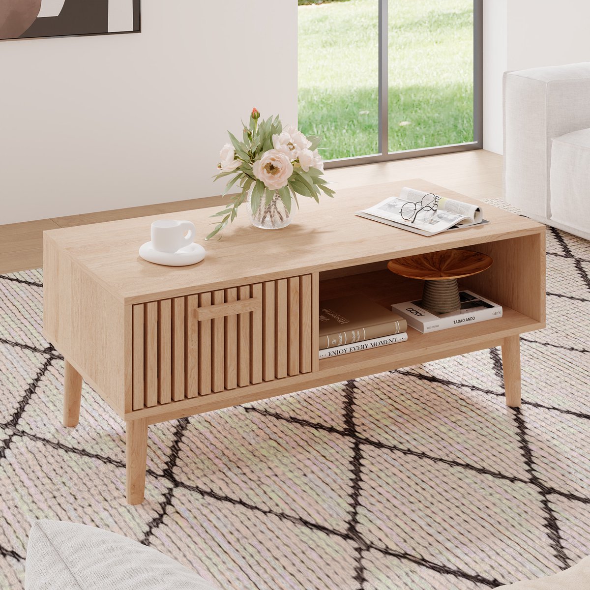 Salontafel Houten Design – Woonkamertafel met Lade en Open Opbergruimte, Natuurlijke Houtkleur