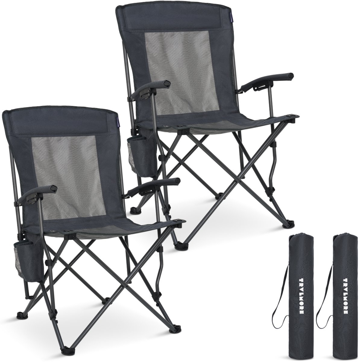 TRVLMORE Campingstoelen - Opvouwbaar - 2-Pack - 120KG Draagvermogen - Incl. Draagtas - Klapstoel - Visstoel - Kampeerstoel - Vouwstoel - Grijs