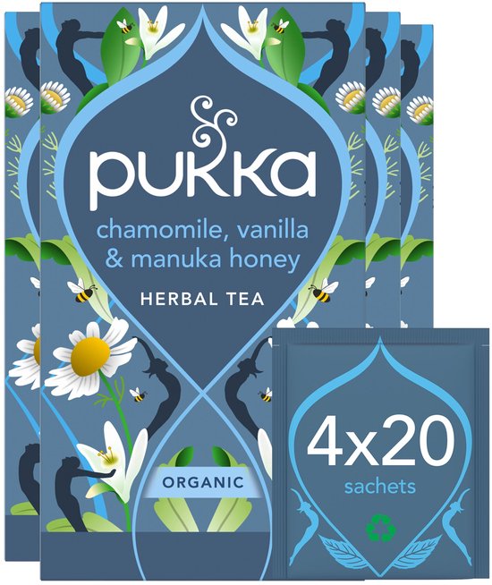 Pukka biologische kruidenthee: kamille, vanille & manukahoning. Verpakking met 4x20 zakjes.