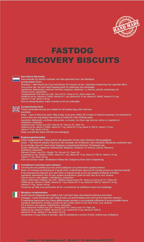 Verpakking Fastdog Recovery Biscuits met meertalige productinformatie en ingrediëntenlijst.