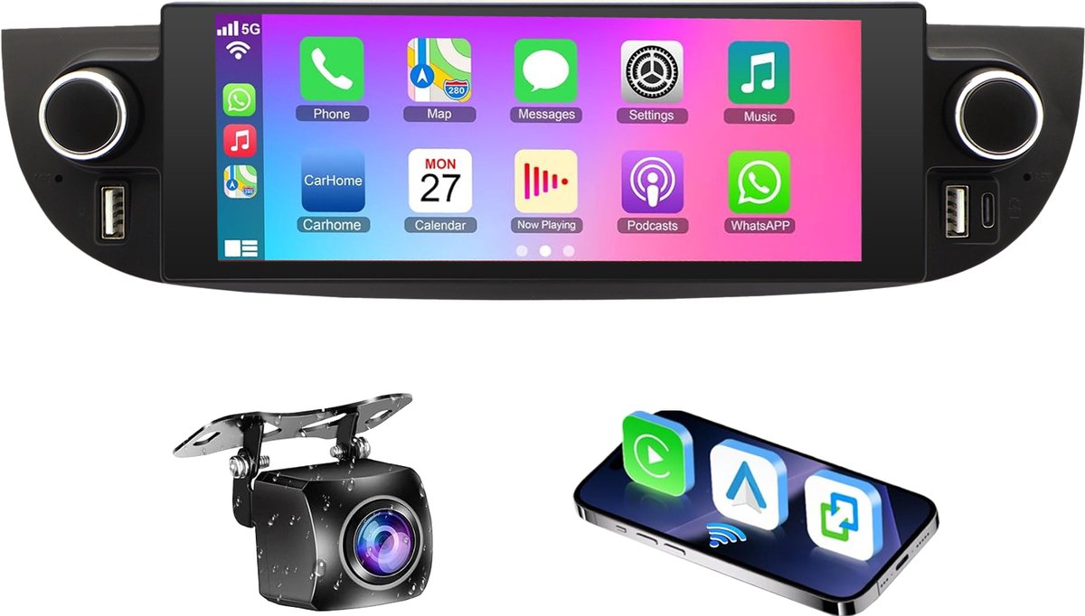 ESSGOO Autoradio Geschikt voor Fiat 500 2007 t/m 2015 - Apple CarPlay & Android Auto (Draadloos ) - Android 15 - 4+64GB - GPS, Wifi, Bluetooth, SWC & AHD Achteruitrijcamera