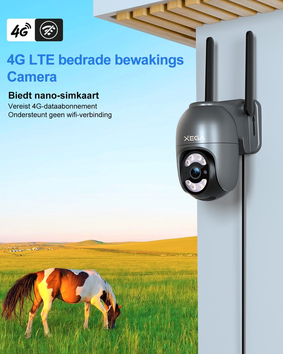 Xega 4G Buiten Beveiligingscamera met SIM Kaart - 24/7 Continue Opname Mensendetectie & Automatische Tracking, 2K HD Nachtzicht, IP66 Waterdicht Buiten Camera – foto 5
