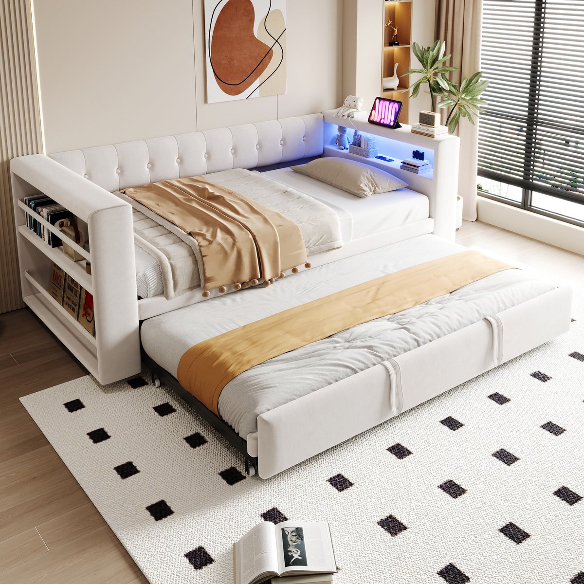 MODFU Ledikant 90/180x190 cm, gestoffeerd in beige, met opbergruimte, LED en stopcontact