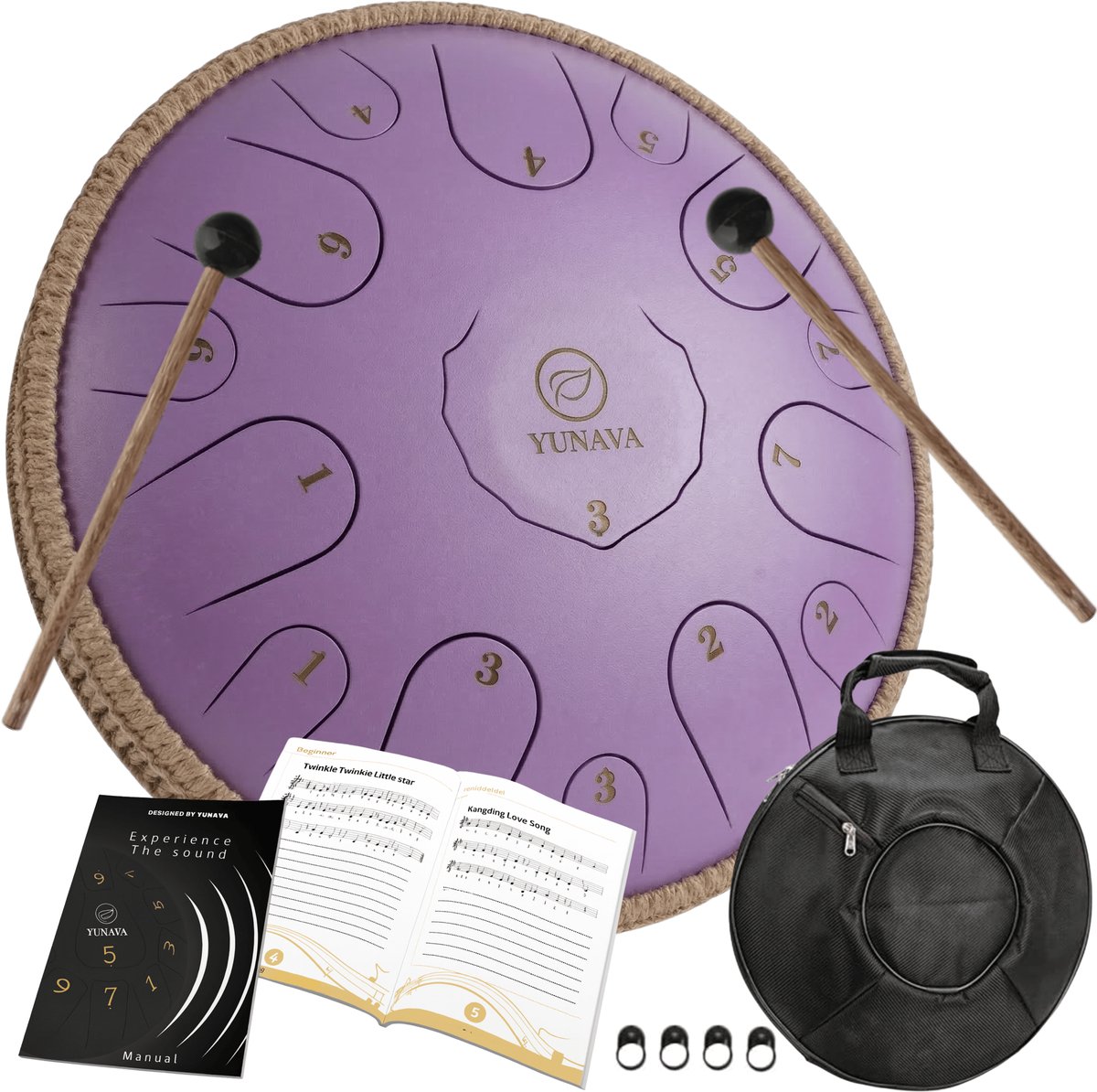 Yunava Handpan - 36 cm ø - Lavender - Steel Tongue Drum - Hand Klankschaal incl. Lesboek & Beschermtas - Hangdrum