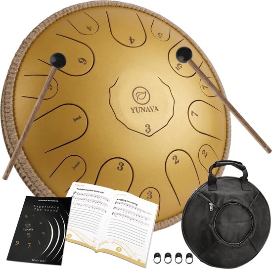 Handpan World Living - 36 cm ø - Tambour à langue en acier - Bol chantant à main avec livre de leçons, support et sac de protection - Tambour suspendu