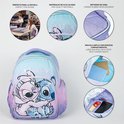 Sac à dos avec Stitch et Angel, couleurs pastel, texte 'STITCH' et 'ANGEL'. Détails : haute qualité, coins renforcés, poche latérale en mesh, compartiments intérieurs.