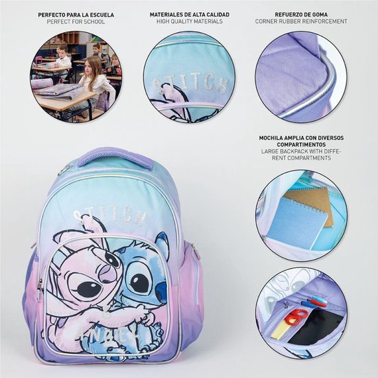 Sac à dos avec Stitch et Angel, couleurs pastel, texte 'STITCH' et 'ANGEL'. Détails : haute qualité, coins renforcés, poche latérale en mesh, compartiments intérieurs.