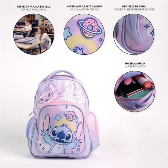 Rugzak met Stitch-print. Details: versterkte hoeken, gaaszakken, verstelbare hengsels, vak voor drinkfles.