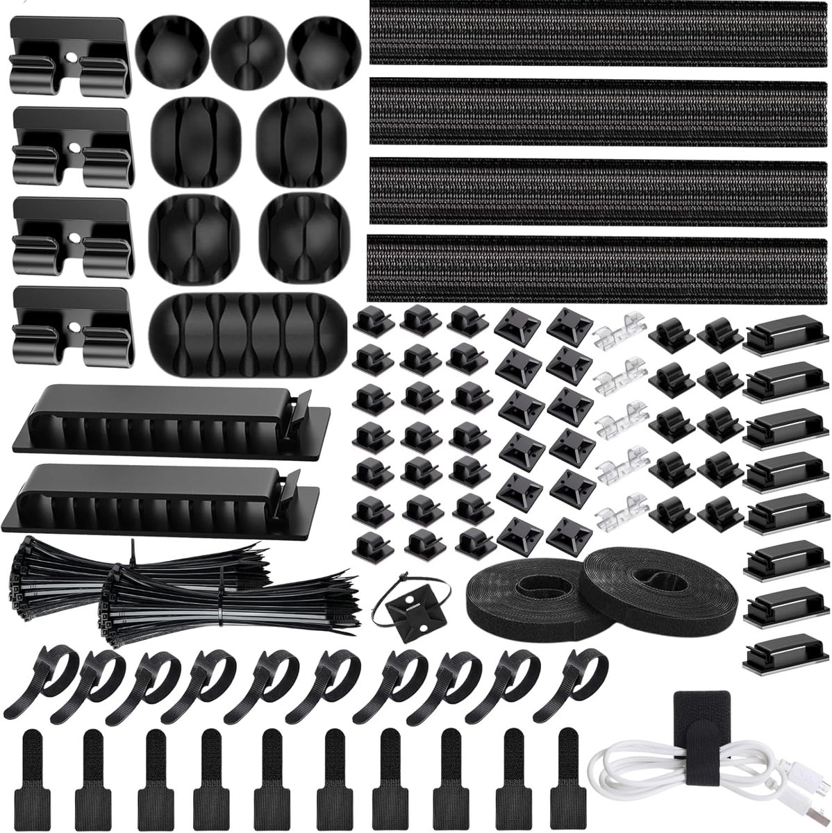 Kabel Organiser Set - 313 stuks - kabelgoot - Kabel Management - kabelklem - kabelclips zelfklevend - kabelbrug - Kabelbeschermer - Kabelhouder - Kabelbinders - Thuis & Kantoor - Bureau & TV - Zwart