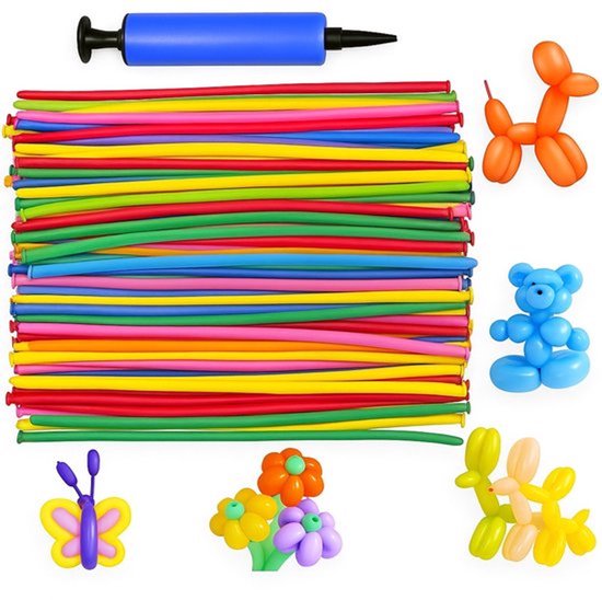 Modelleerballonnen - type 260 - 130 cm - 100 stuks - diverse kleuren - met pompje + ballonknoper