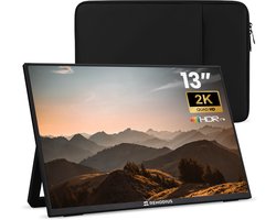 Remodius® Portable Monitor 13 Inch + Sleeve – Ultradunne 2K Draagbare Monitor – USB-C & Mini HDMI – IPS Scherm, HDR, Ingebouwde Kickstand – Travel Monitor voor Laptop, Mac, Smartphone & Console